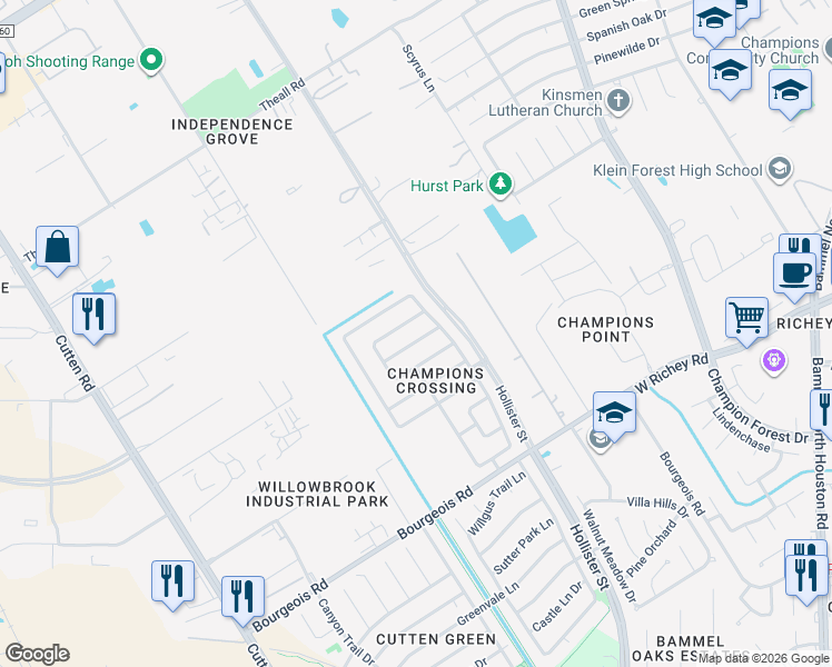 map of restaurants, bars, coffee shops, grocery stores, and more near 6335 Stonewood Pointe Lane in Houston