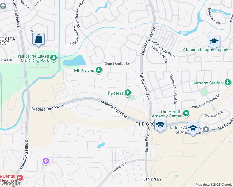 map of restaurants, bars, coffee shops, grocery stores, and more near 16819 Beechwood Forest Way in Humble