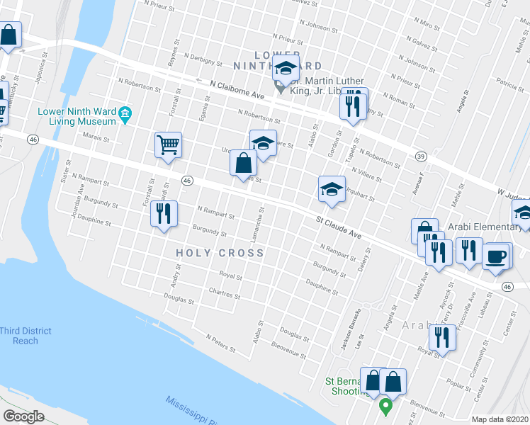 map of restaurants, bars, coffee shops, grocery stores, and more near 5640 Saint Claude Avenue in New Orleans