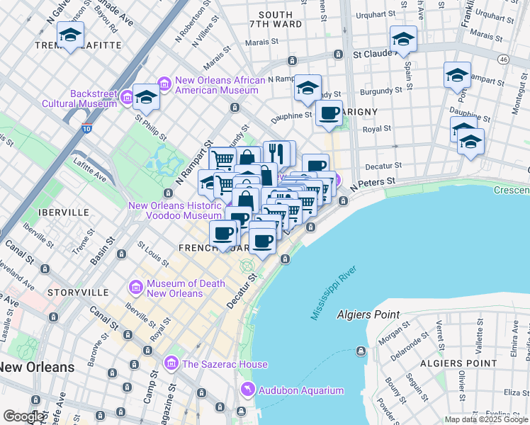 map of restaurants, bars, coffee shops, grocery stores, and more near 623 Ursulines Avenue in New Orleans