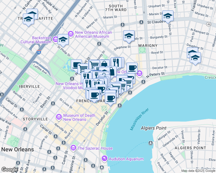 map of restaurants, bars, coffee shops, grocery stores, and more near 727 Saint Philip Street in New Orleans