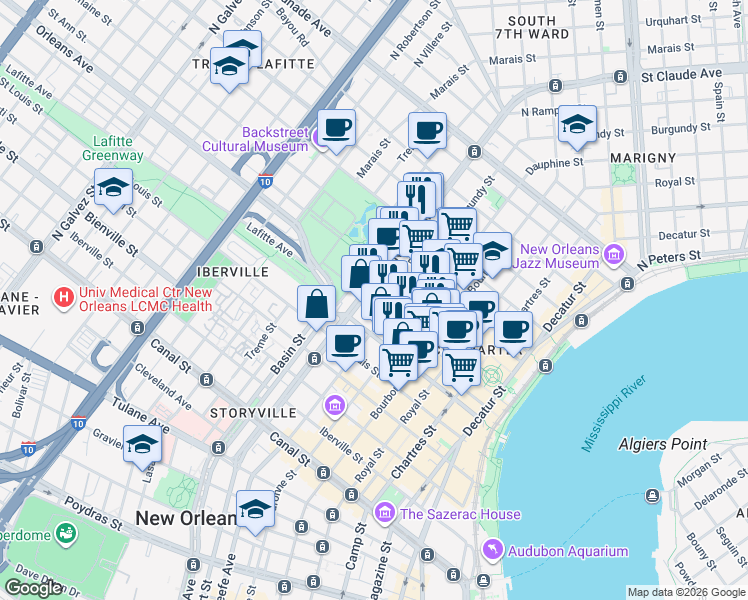 map of restaurants, bars, coffee shops, grocery stores, and more near in New Orleans