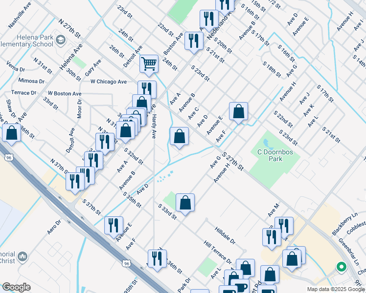 map of restaurants, bars, coffee shops, grocery stores, and more near 2816 Avenue D in Nederland