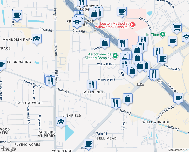 map of restaurants, bars, coffee shops, grocery stores, and more near 13010 Willow Place Drive West in Houston