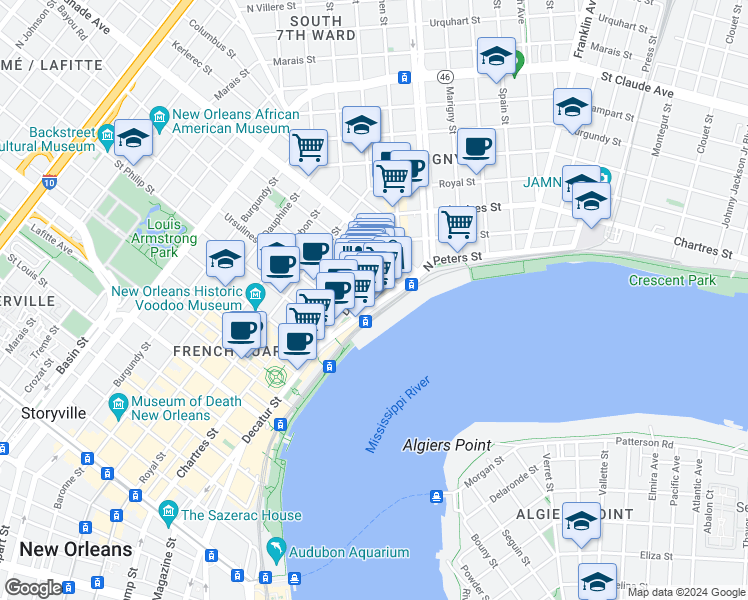 map of restaurants, bars, coffee shops, grocery stores, and more near in New Orleans