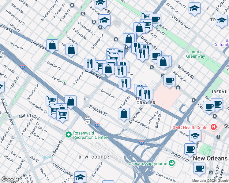 map of restaurants, bars, coffee shops, grocery stores, and more near 528 South Dorgenois Street in New Orleans