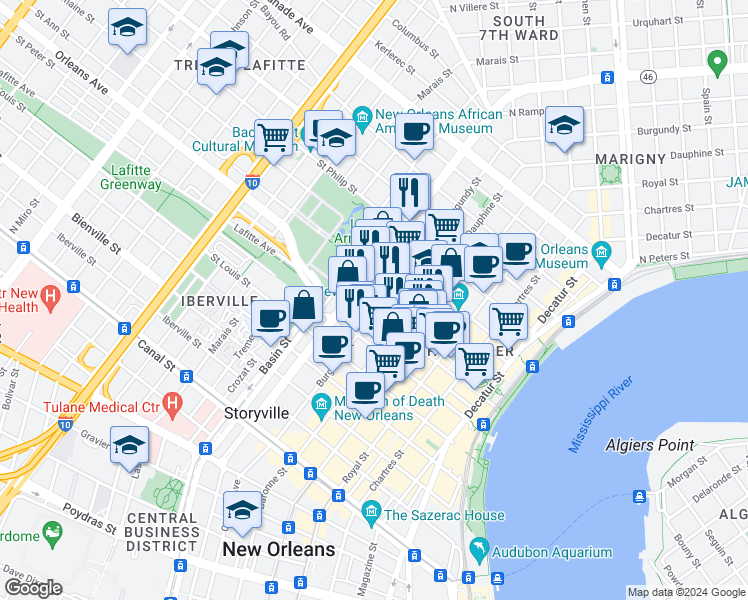 map of restaurants, bars, coffee shops, grocery stores, and more near 1030 Orleans Street in New Orleans