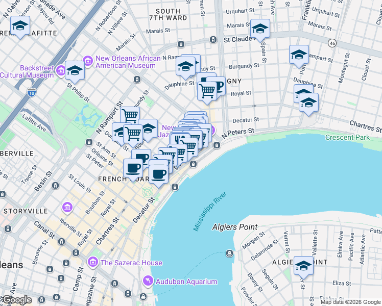 map of restaurants, bars, coffee shops, grocery stores, and more near 1128 Decatur Street in New Orleans