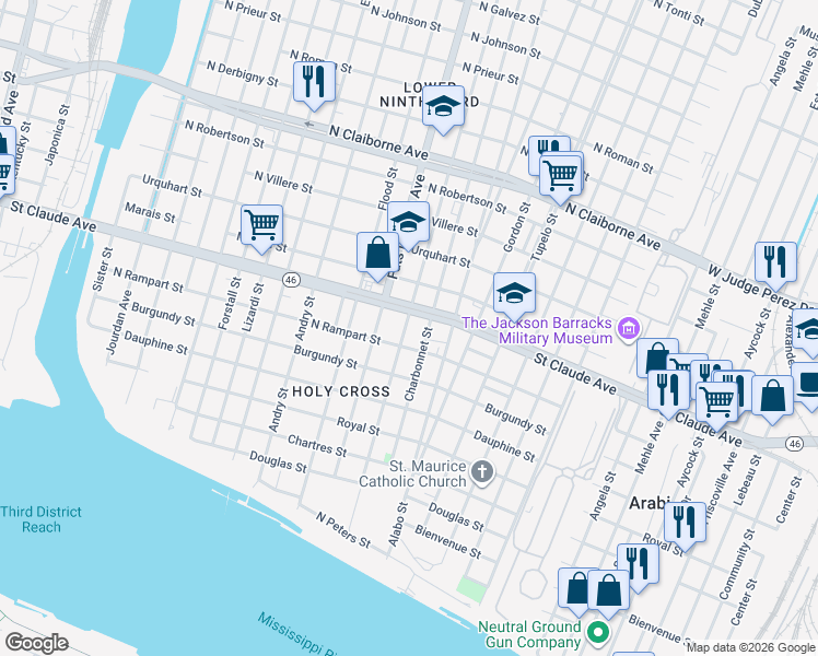 map of restaurants, bars, coffee shops, grocery stores, and more near 5640 Saint Claude Avenue in New Orleans