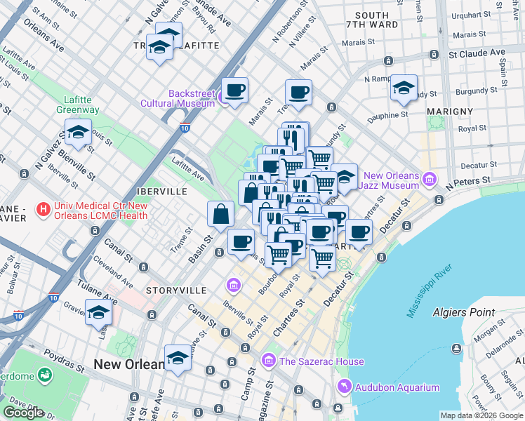 map of restaurants, bars, coffee shops, grocery stores, and more near in New Orleans