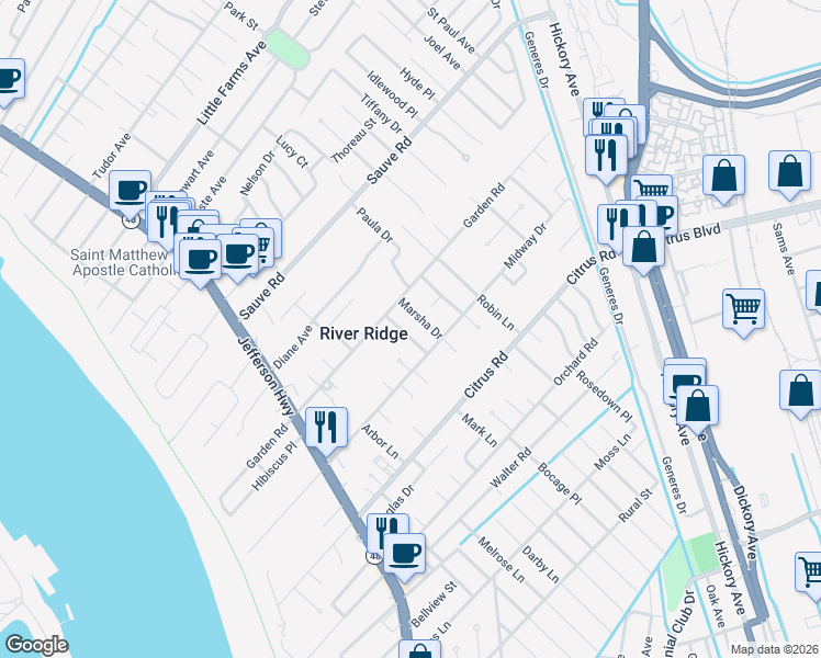 map of restaurants, bars, coffee shops, grocery stores, and more near 259 Garden Road in River Ridge