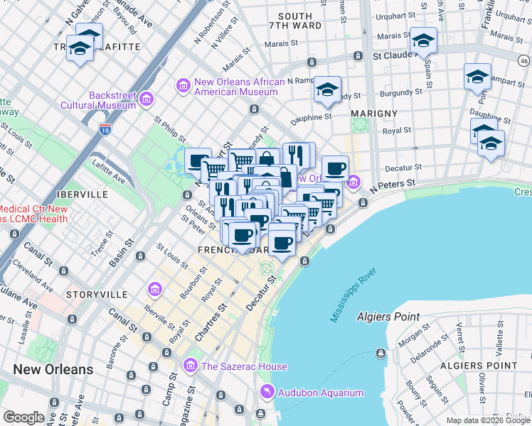 map of restaurants, bars, coffee shops, grocery stores, and more near 727 Saint Philip Street in New Orleans