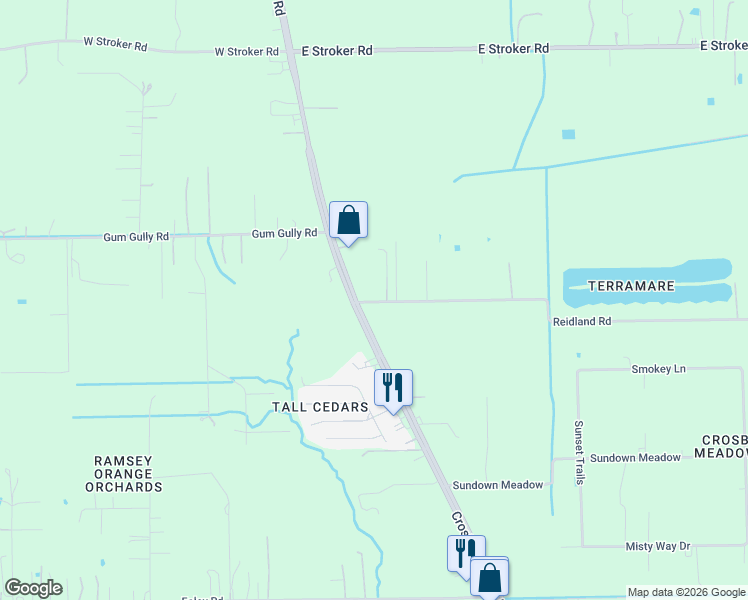map of restaurants, bars, coffee shops, grocery stores, and more near 215 Reidland Road in Crosby