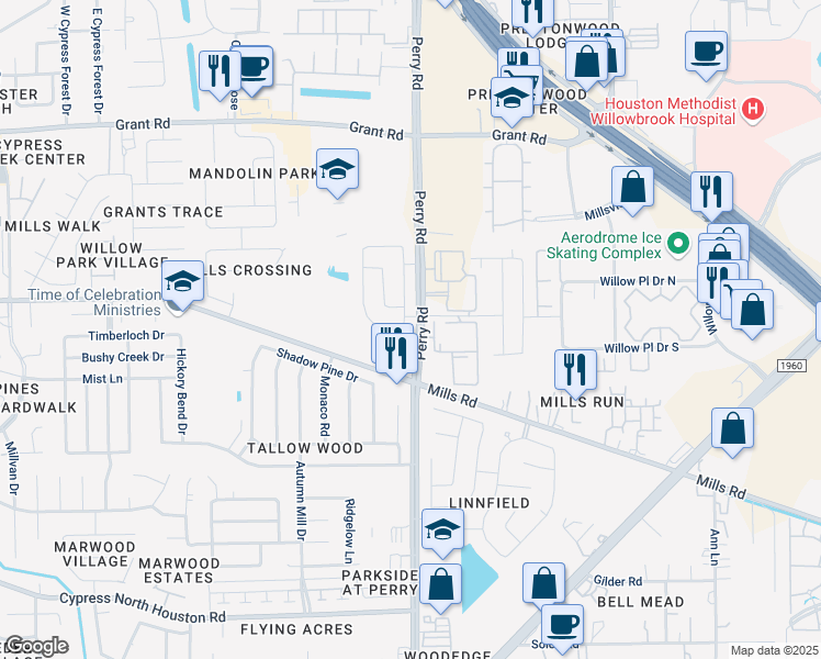 map of restaurants, bars, coffee shops, grocery stores, and more near 13010 Mills Grove Drive in Houston