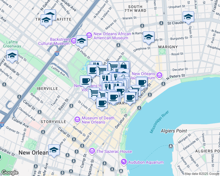 map of restaurants, bars, coffee shops, grocery stores, and more near 916 Dauphine Street in New Orleans