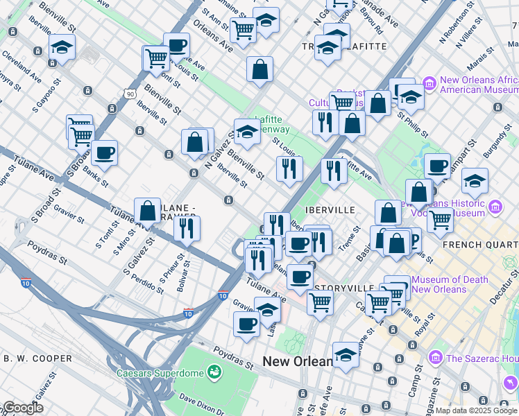 map of restaurants, bars, coffee shops, grocery stores, and more near 1801 Iberville Street in New Orleans