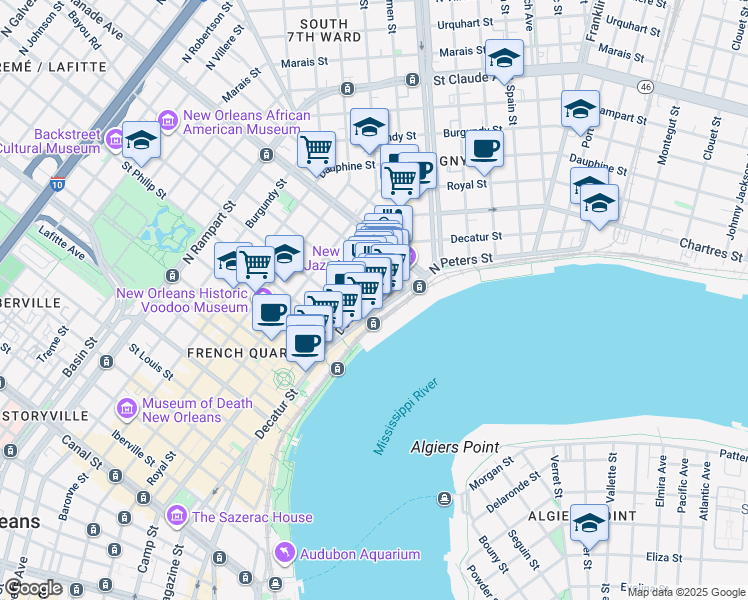 map of restaurants, bars, coffee shops, grocery stores, and more near in New Orleans
