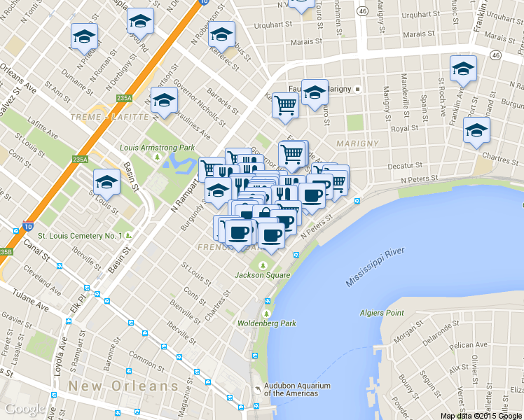 map of restaurants, bars, coffee shops, grocery stores, and more near 727 Saint Philip Street in New Orleans