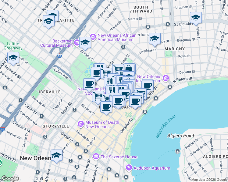 map of restaurants, bars, coffee shops, grocery stores, and more near in New Orleans