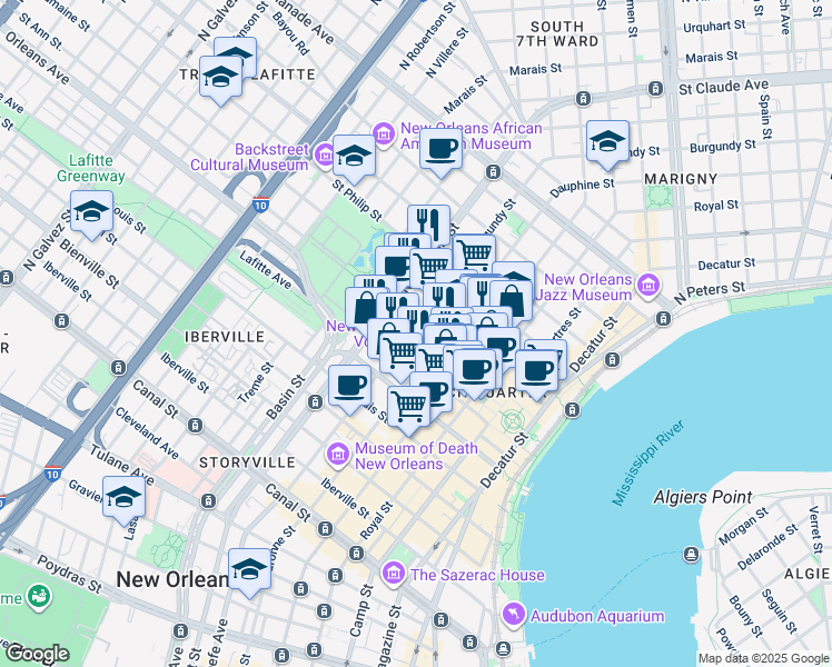 map of restaurants, bars, coffee shops, grocery stores, and more near 824 Burgundy Street in New Orleans
