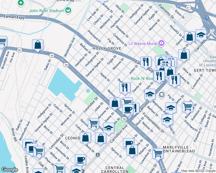 map of restaurants, bars, coffee shops, grocery stores, and more near in New Orleans