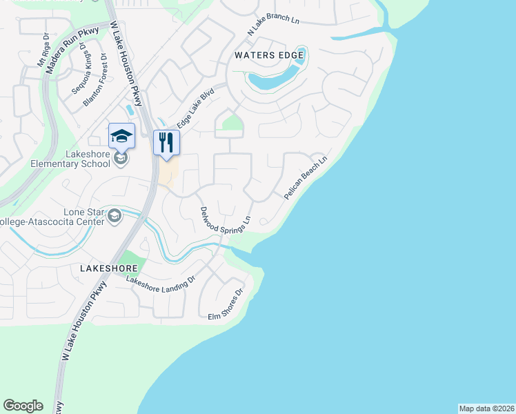 map of restaurants, bars, coffee shops, grocery stores, and more near 16219-16223 Breakwater Path Drive in Houston