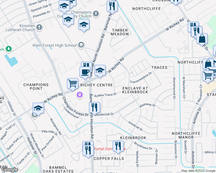 map of restaurants, bars, coffee shops, grocery stores, and more near 12550 Bammel North Houston Road in Houston