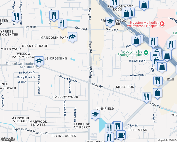 map of restaurants, bars, coffee shops, grocery stores, and more near 13010 Mills Grove Drive in Houston