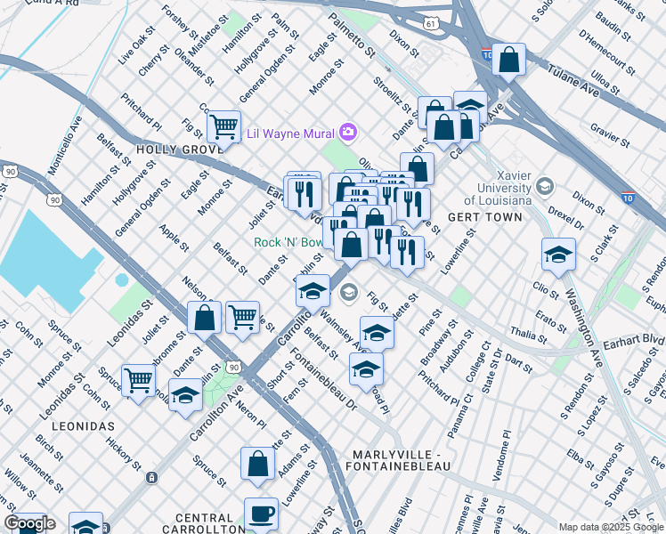 map of restaurants, bars, coffee shops, grocery stores, and more near 2928 South Carrollton Avenue in New Orleans