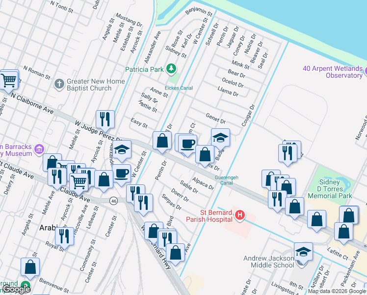 map of restaurants, bars, coffee shops, grocery stores, and more near 717 Perrin Drive in Arabi