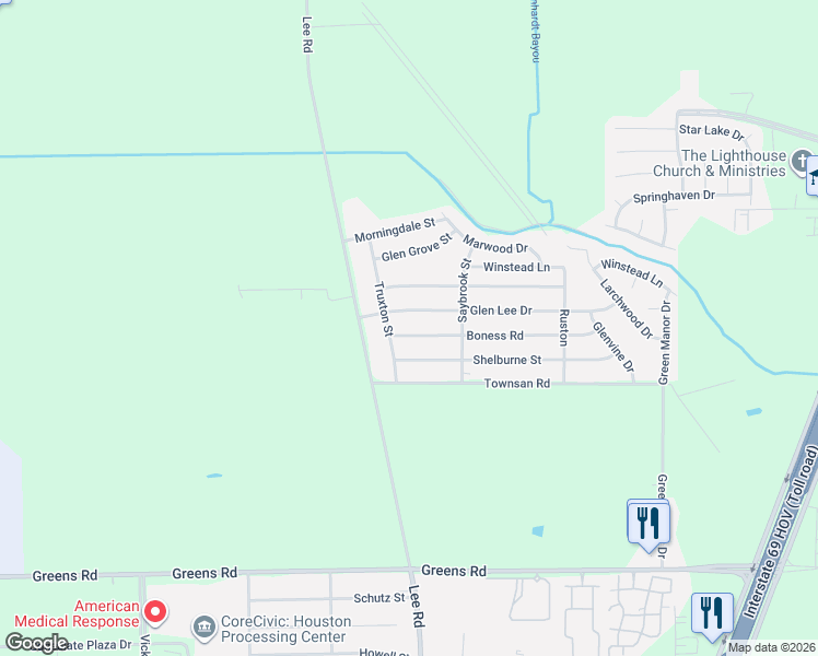 map of restaurants, bars, coffee shops, grocery stores, and more near 5835 Glen Lee Drive in Humble
