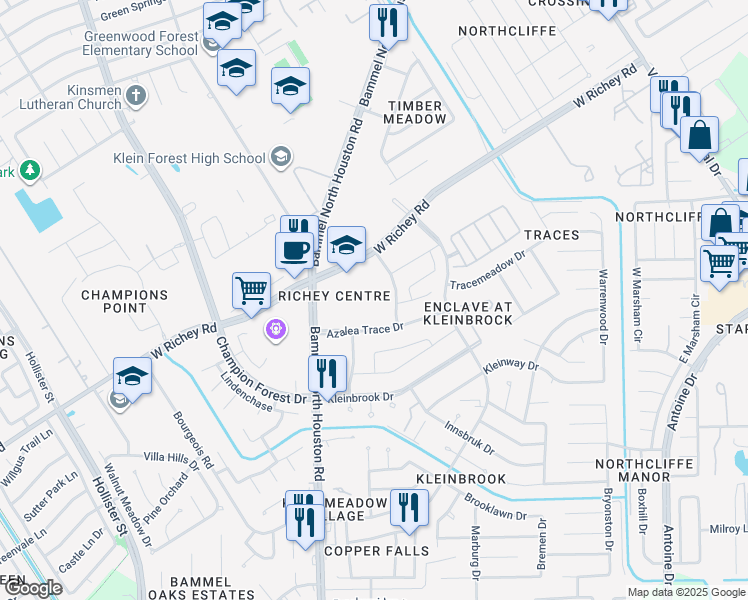 map of restaurants, bars, coffee shops, grocery stores, and more near 5110 Azalea Trace Drive in Houston