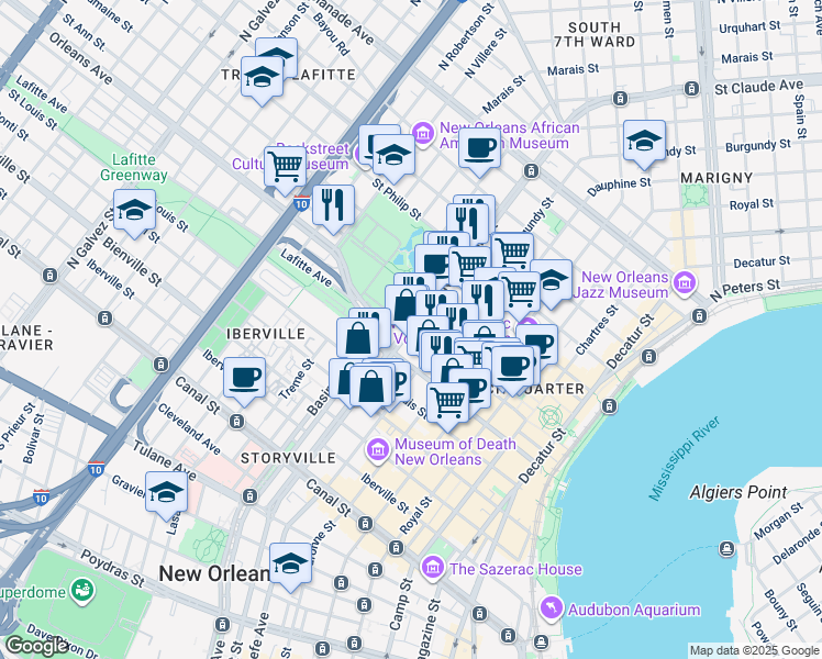map of restaurants, bars, coffee shops, grocery stores, and more near 625 North Rampart Street in New Orleans