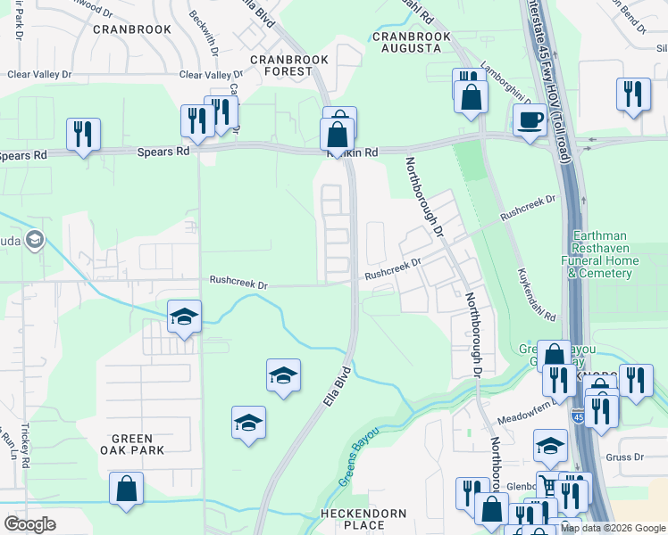 map of restaurants, bars, coffee shops, grocery stores, and more near 822 Forest Ivy Lane in Houston