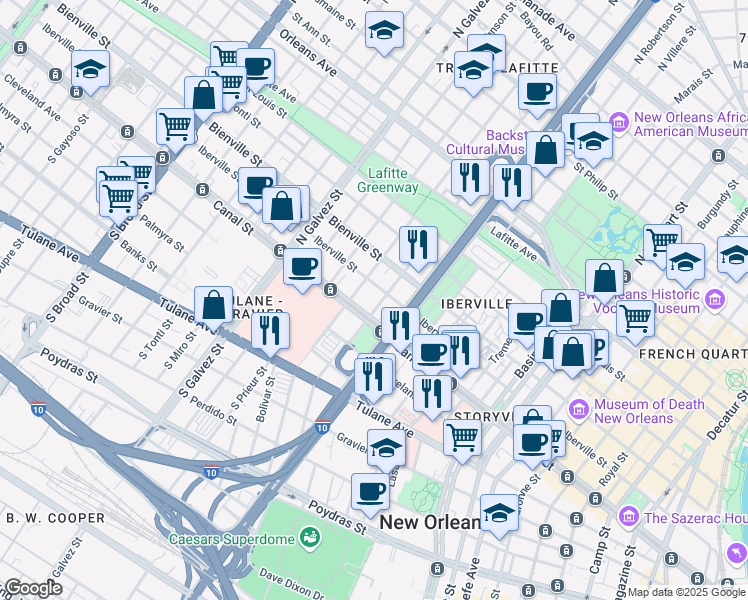 map of restaurants, bars, coffee shops, grocery stores, and more near 1801 Iberville Street in New Orleans