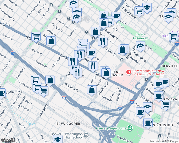 map of restaurants, bars, coffee shops, grocery stores, and more near 2510 Tulane Avenue in New Orleans