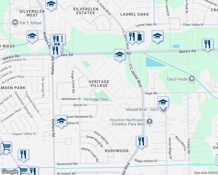 map of restaurants, bars, coffee shops, grocery stores, and more near 2462 Colton Hollow Drive in Houston