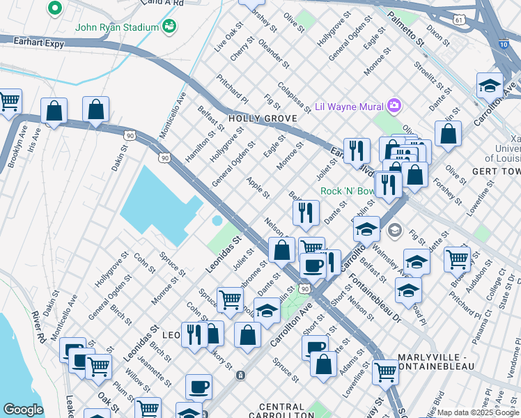 map of restaurants, bars, coffee shops, grocery stores, and more near 8637 Nelson Street in New Orleans