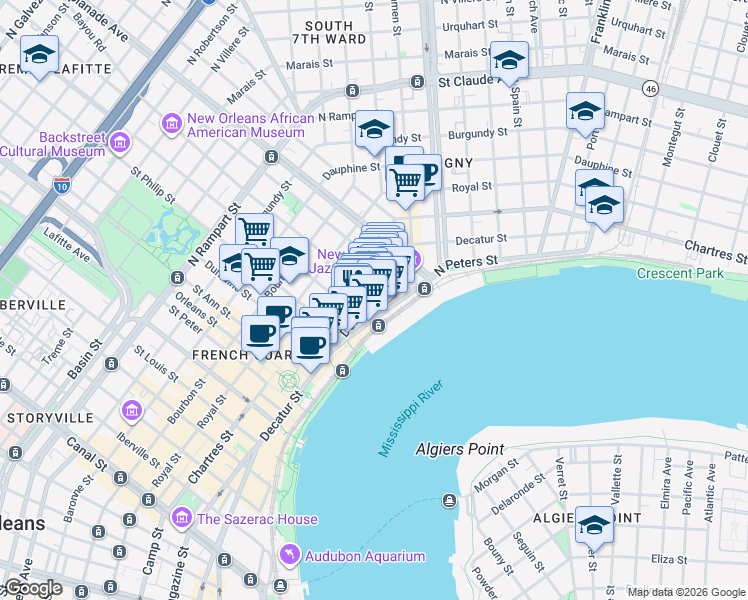 map of restaurants, bars, coffee shops, grocery stores, and more near 528 Governor Nicholls Street in New Orleans