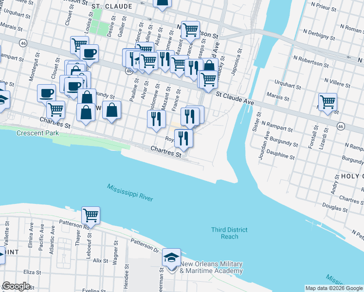 map of restaurants, bars, coffee shops, grocery stores, and more near 44063 Lesseps Street in New Orleans