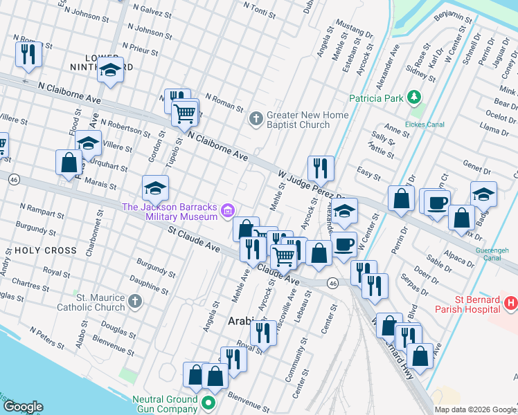 map of restaurants, bars, coffee shops, grocery stores, and more near 1409 Angela Street in Arabi