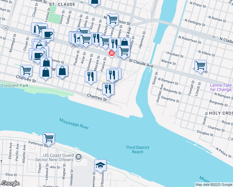 map of restaurants, bars, coffee shops, grocery stores, and more near 503 Poland Avenue in New Orleans