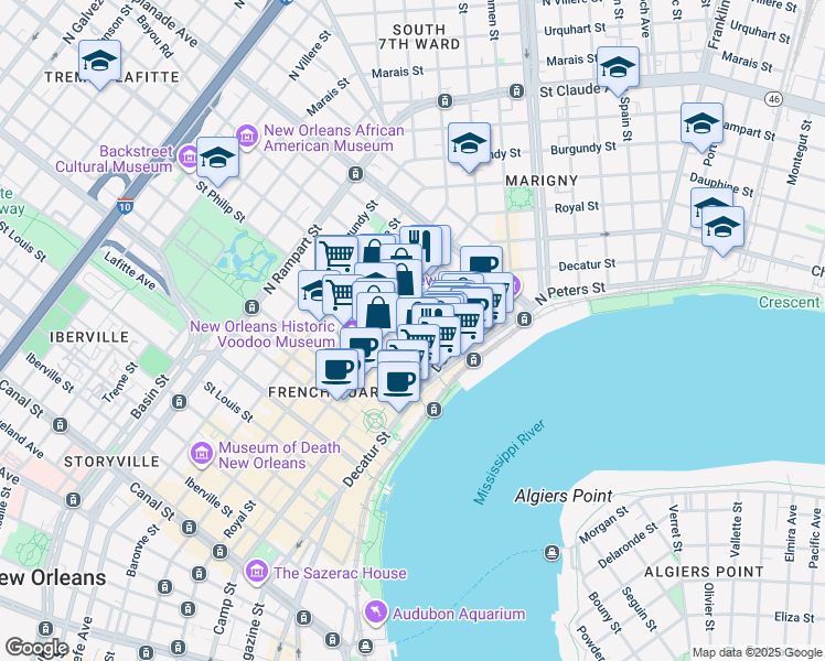 map of restaurants, bars, coffee shops, grocery stores, and more near 623 Ursulines Avenue in New Orleans