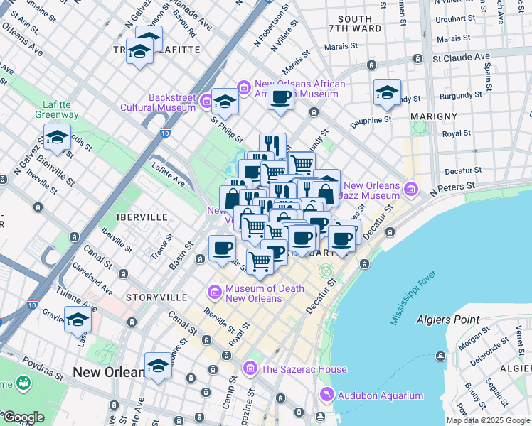 map of restaurants, bars, coffee shops, grocery stores, and more near 824 Burgundy Street in New Orleans