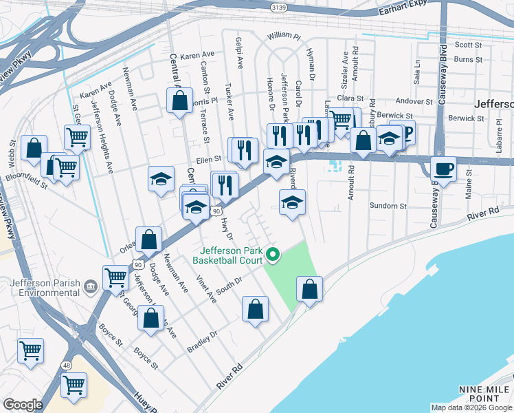 map of restaurants, bars, coffee shops, grocery stores, and more near 2303 Audubon Trace in Jefferson