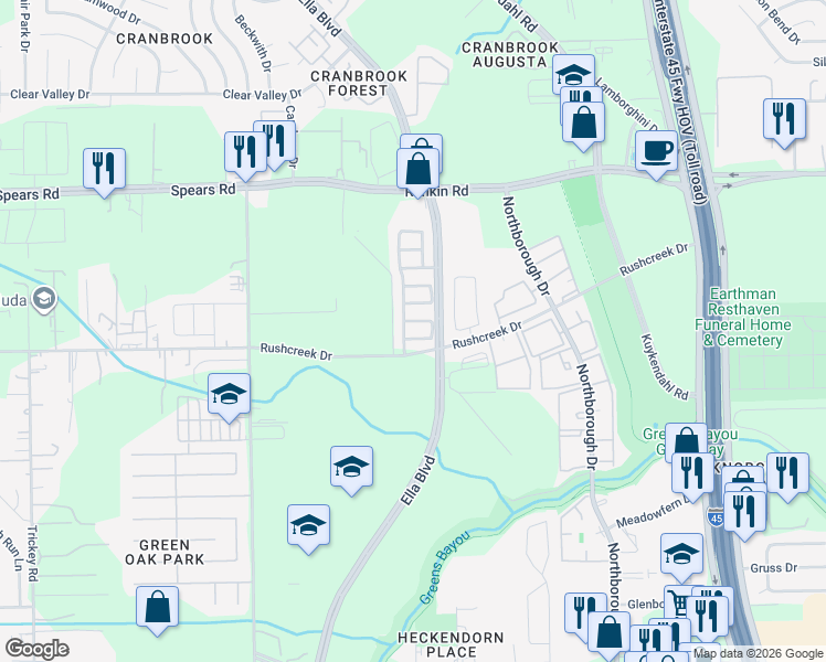 map of restaurants, bars, coffee shops, grocery stores, and more near 822 Forest Ivy Lane in Houston