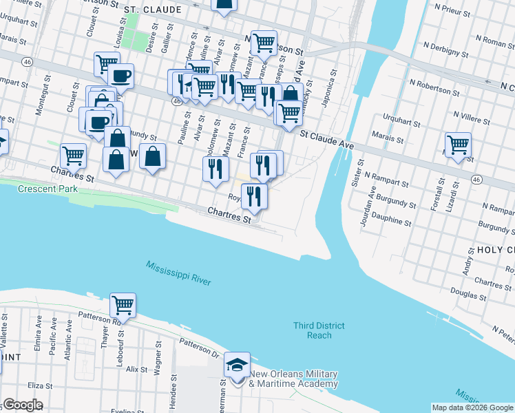 map of restaurants, bars, coffee shops, grocery stores, and more near 634 Poland Avenue in New Orleans