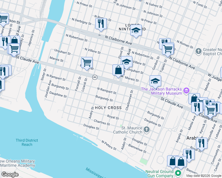 map of restaurants, bars, coffee shops, grocery stores, and more near in New Orleans