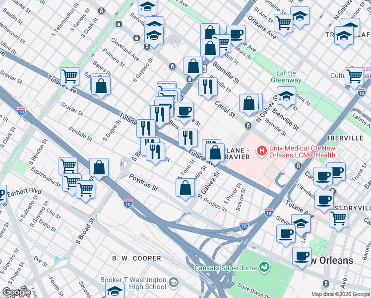 map of restaurants, bars, coffee shops, grocery stores, and more near Tulane Ave & S Rocheblave St in New Orleans
