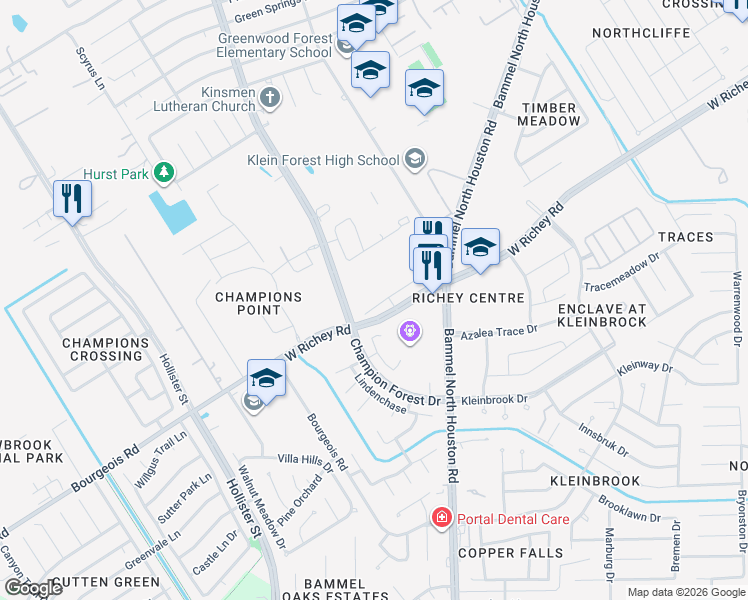 map of restaurants, bars, coffee shops, grocery stores, and more near 12701 Radenz Road in Houston